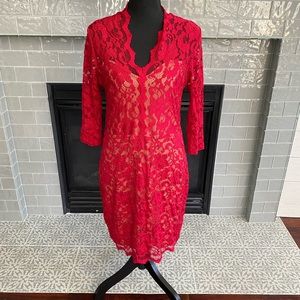 Karen Kane Size Medium Red Lace Tan Lining Fitted Bodycon Dress USA